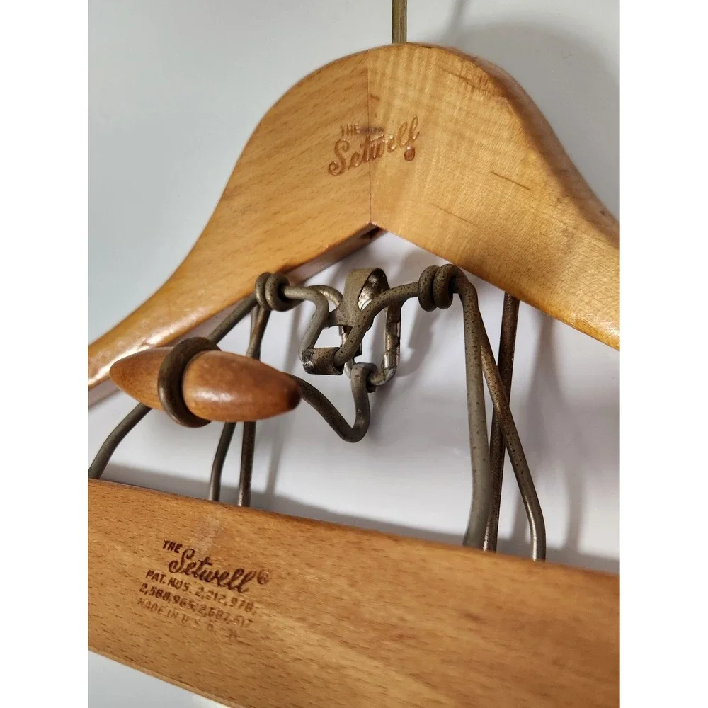 Vintage Setwell Wood Suit Hanger Wishbone Clamp Coat Pants Made USA Heavy Duty